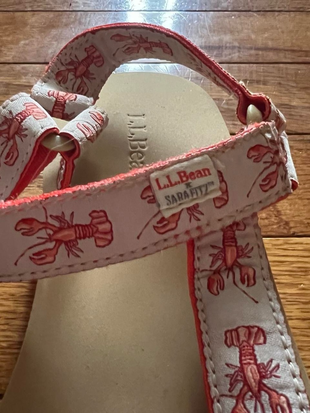L.L. Bean x Sara Fitz White Strappy Sandals with Coral Lobster Print - Picture 4 of 5